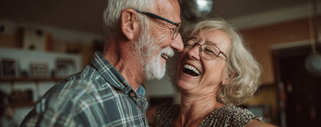 Happy senior couple elderly man elderly woman laugh smile affection close up candid indoor warm light celebrate loveの素材