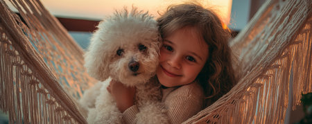 Warm sunset hammock cute child fluffy dog soft light cozy home gentle hug happy smile friendship bond tender moment candid portraitの素材
