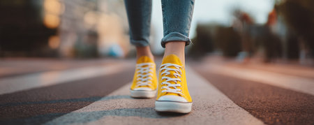 Urban street yellow sneaker casual style walking crosswalk city pavement lifestyle youth denimの素材