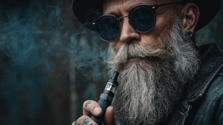 Bearded man sunglasses vape smoke portrait, rugged style, urban background, moody atmosphere, close up detail, street fashion vibeの素材