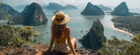 Woman traveler straw hat tropical bay limestone islands scenic viewpoint summer vacation coastal landscape turquoise water adventure travel natureの素材