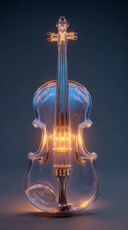 Ethereal glass violin glowing strings luminous bridge transparent body futuristic instrument elegant art warm light dark backgroundの素材