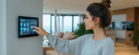 Smart home control touchscreen panel modern apartment young woman casual outfit minimalist decor technology automation interfaceの素材