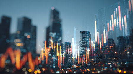 Financial market cityscape skyscraper night neon trading candlestick finance economy urban energy flows through financial market cityscapeの素材