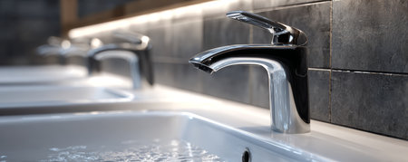 Modern chrome faucet bathroom sink running water clean tile soft lighting hygiene interior contemporary stainless steel reflectionの素材