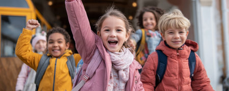 Joyful children school backpack autumn coat scarf smiling friendship diversity outdoors city morning energyの素材
