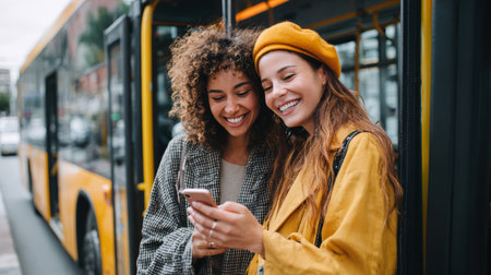 Smiling friends city bus autumn outfit street fashion mobile phone urban travel candid moment outdoor daylight joyful expression public transportの素材
