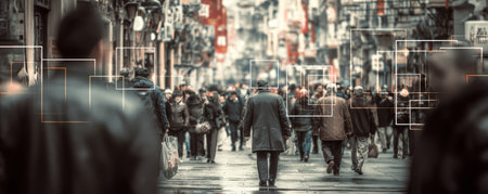 City crowd urban street rainy day pedestrian surveillance blurred background depth of field anonymity overcast motionの素材