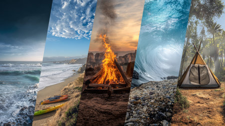 Coast beach kayak campfire wave forest tent travel nature outdoor adventure ocean sky cloud shore sand rock flame surf woodland tropical palmの素材