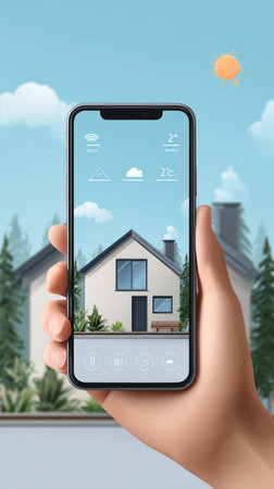 Smartphone hand modern house smart home app interface dashboard minimal sunny outdoor view with calm moodの素材