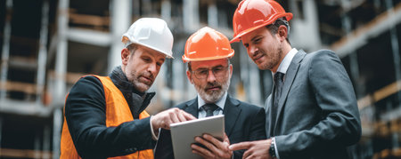 Construction manager engineer architect hard hat safety vest tablet discussion teamwork building site project planning energize focusの素材