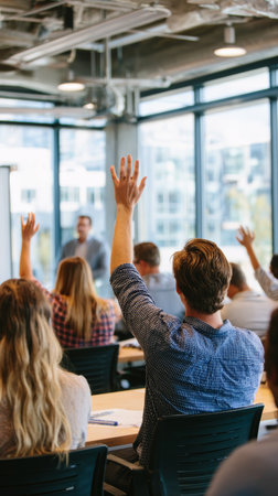 Training workshop office seminar audience question hand raised business learning Enthusiastic audience modern office workshop with raised handsの素材