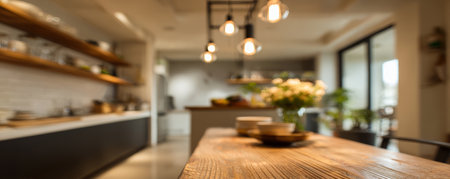 Warm kitchen wooden table hanging lights cozy home modern interior rustic design soft bokeh natural light dining space floral decorの素材