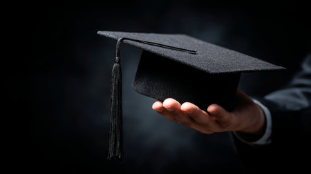 Graduation cap mortarboard tassel education achievement success ceremony academic black celebration with pride in handの素材