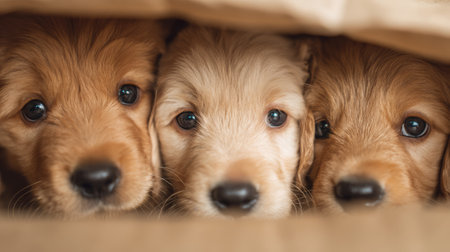Golden retriever puppy closeup trio cuddle cardboard box soft light warm tone whisker nose ear fur paw gentle domestic pet canine mammal portraitの素材