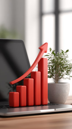 Rising growth chart red arrow business success financial increase bar graph laptop office desk plant modern focusの素材