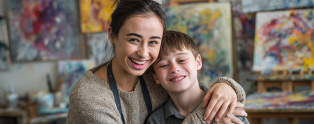 Smiling mother and son art studio paint creativity family happiness bonding colorful background casual clothingの素材