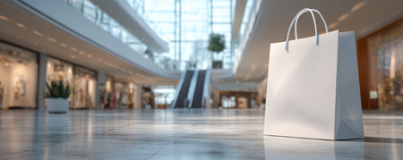 Shopping bag mall interior retail space marble floor paper bag modern architecture empty mall escalator bright light consumerism gently shoppingの素材