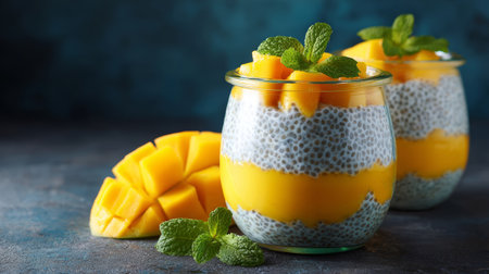 Mango chia pudding layered dessert glass jar fresh mint coconut milk healthy breakfast tropical fruit creamy texture delightの素材