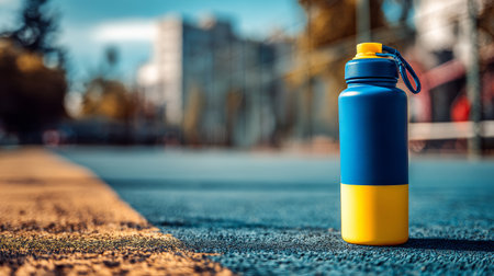 Blue water bottle yellow accent sports cap rubber strap plastic outdoor playground court urban sunny mood sit on blue trackの素材