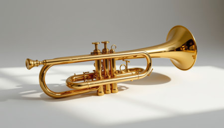 Golden trumpet brass instrument musical instrument jazz classical studio light closeup shiny valve mouthpieceの素材
