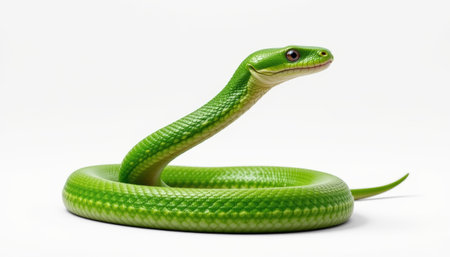 Green snake coiled isolated white background closeup glossy scales reptile bright color curved body studio lighting, calm focusの素材