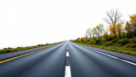 Empty highway asphalt road straight road center line guardrail foggy horizon minimal landscape perspective travel transportの素材