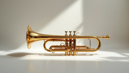 Golden trumpet brass musical instrument valve mouthpiece reflective shiny studio spotlight soft lightの素材