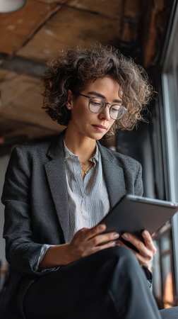 Smartphone tablet glasses curly hair blazer striped shirt office window natural light focusedの素材