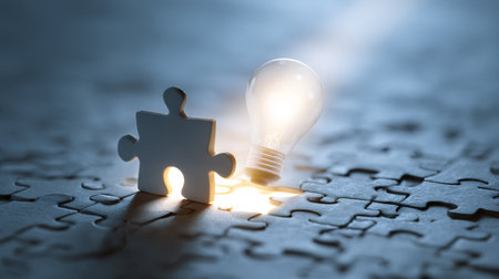 Puzzle idea solution strategy innovation concept light creativity problem success glowing light bulb shines through missing jigsaw pieceの素材