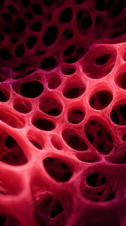 Organic mesh abstract texture red pattern porous surface macro detail fibrous network cellular structure biological design soft light depthの素材