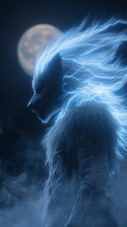 Mystic werewolf silhouette electric mane moonlight fog fantasy creature night blue glow dramatic fierce power intensity stirs awe in silenceの素材