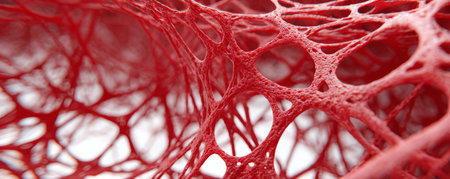 Red mesh texture abstract pattern organic network porous structure closeup detail red background soft focus macro photography delicate webの素材