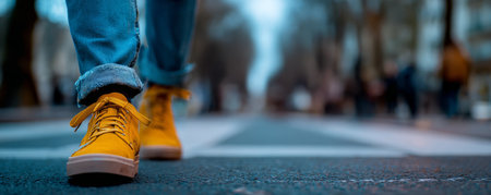 Urban street walking sneakers yellow jeans crosswalk blurred city casual perspective with calm moodの素材