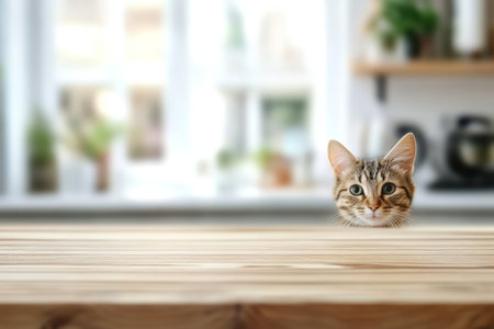 Curious cat wooden countertop blurred kitchen sunlight cozy home playful mood plant decor bright interior soft focus morning lightの素材