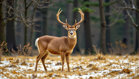 Majestic buck deer standing in winter forest antler wildlife snow woodland nature brown fur alert serene moodの素材