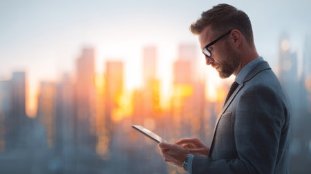 Businessman city sunrise tablet focus modern professional urban office technology glow gently over skyline as he reads with calm determinationの素材