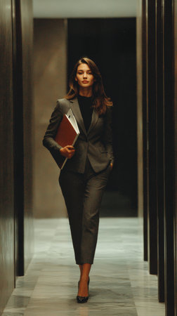 Confident businesswoman corridor walk professional woman suit corporate hallway leadership executive office building formal wear briefcaseの素材