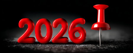 2026 red pushpin number year calendar date concept future planning pin reminder schedule event time countdown milestone goal target focus markerの素材