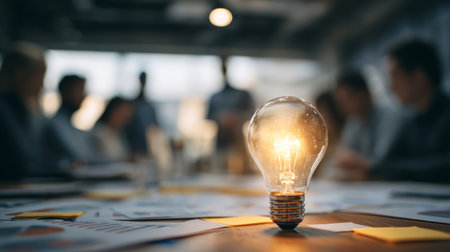 Light bulb idea innovation creativity teamwork brainstorming office meeting strategy startup glow sparks motivation busy office meeting as teamの素材