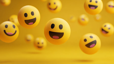 Happy face smiley emoji yellow cheerful floating playful minimal 3D sphere brighten mood with joyful energy on vibrant backgroundの素材
