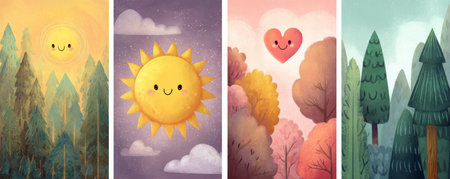 Sunny forest cute sun smiling heart autumn trees pastel sky dreamy landscape happy face whimsical art kawaii style soft color. Sunny forest withの素材