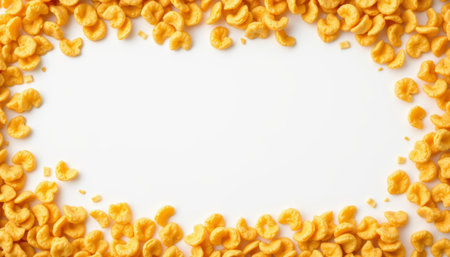 Golden cornflakes cereal crunchy snack breakfast border top view white background copy space crispy texture yellow color with playful moodの素材