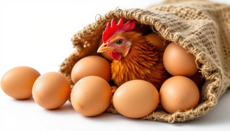 Brown eggs burlap sack farm chicken nest rustic organic natural fresh rural agriculture with gentle charm, cozy and warm sceneの素材
