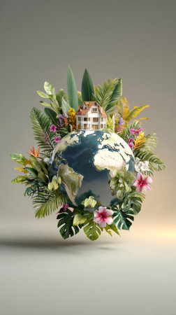 Earth globe eco sustainability green nature house tropical leaves flowers Enchanting eco globe with tropical leaves, flowers, and cozy houseの素材
