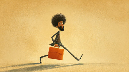 Confident businessman walking curly hair beard suit briefcase stride shadow minimalist warm color textured background with upbeat moodの素材