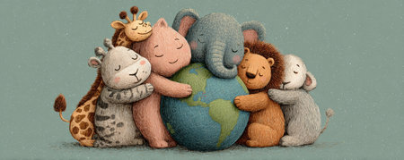 Cute animal friends hugging earth globe, elephant, lion, giraffe, bear, mouse, cozy illustration with warm empathyの素材