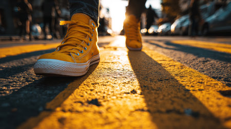 Yellow sneaker walking on sunlit urban crosswalk casting long shadow with warm evening lightの素材