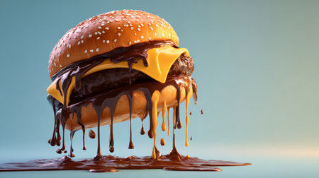 Melting cheeseburger with dripping chocolate sauce and sesame bun, decadent gooey cheese and beef patty creating indulgent messy food sceneの素材