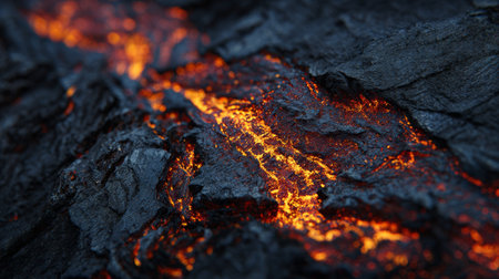 Molten lava flowing over cooled volcanic rock, glowing orange river of magma with dark textured basalt and dramatic heat contrastの素材